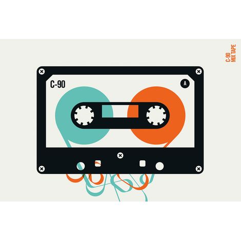 Papier peint panoramique cassette rétro noir & beige Tapisserie panoramique année orange & bleu Papier peint panoramique musique idéal salon (1/2)