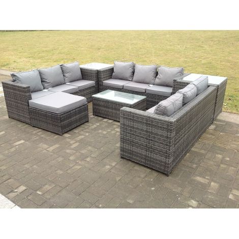Fimous Poly Rattan Gartenmöbel Set Balkonmöbel Set 10-sitzer Gartenlounge Sofa Set Sitzgruppe aus Gartensofa,Sessel,Hocker Dunkelgrau Gemischt (1/3)