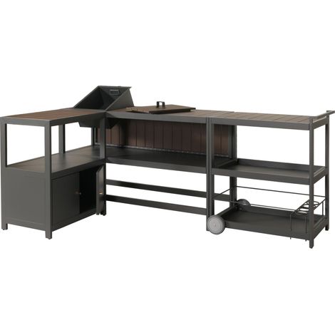 Cocina exterior de aluminio de 3 piezas HHG-810, cocina exterior de jardín carrito para servir cubitera, antracita, aspecto madera oscura