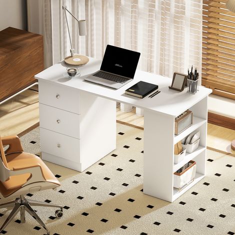 Escritorio para ordenador, ideal para dormitorio y oficina, con cajones y estantes de madera. Medidas: 120 x 49 x 72 cm. Color blanco. (1/5)