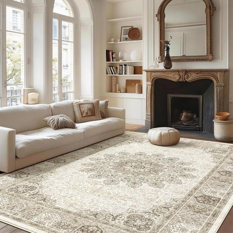 Tapis Vintage pour Salon 90x150 cm Poils Courts Doux et Antidérapant Beige (1/5)