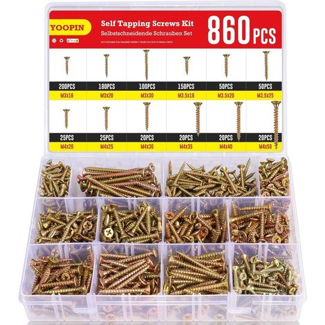 Assortiment de 860 vis à bois auto-perforantes M3 M3.5 M4 zinguées Phillips tête fraisée (1/5)
