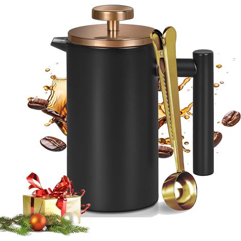 Mini cafetière à piston noire de 350 ml, avec couvercle en or rose, 3 filtres supplémentaires et 1 cuillère dorée (12 oz taille de voyage compacte), passe au lave-vaisselle (1/5)