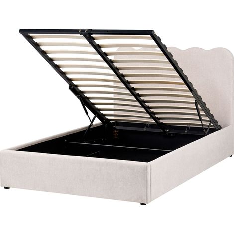 Bed Frame Light Beige Fabric Upholstery EU Small Double Size 4ft Lift Up Storage with Headboard and Slatted Base NANTERRE (1/5)
