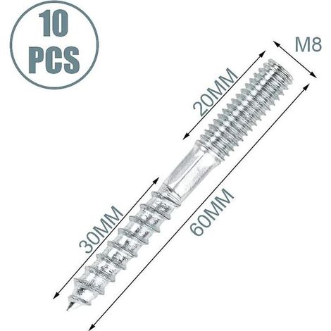 Pack de 10 vis double filetage M8 X 60mm, goujon double filetage, vis de fixation meubles, acier zingué (1/5)