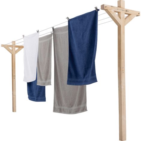 Idmarket – Séchoir à linge extérieur en bois MADERA – 12m d'étendage – 4 fils réglables – Poteaux en pin canadien 6x6cm – Kit complet avec supports en métal