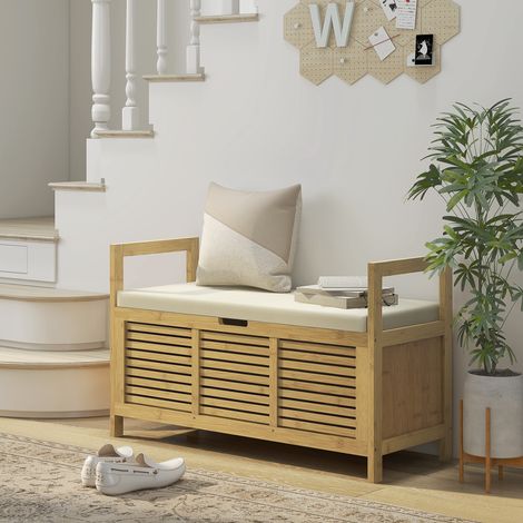 Banc porte-chaussures d'entrée en bambou à lattes avec abattant, 100 x 40 x 60 cm (1/5)