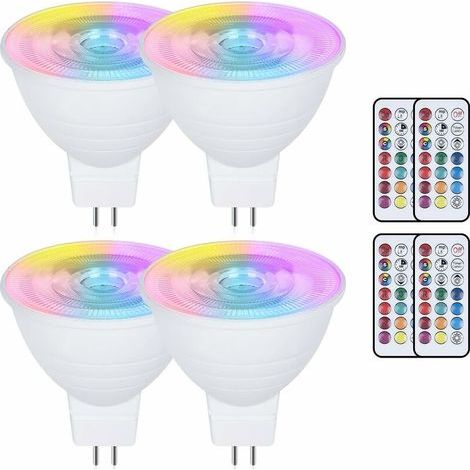 Lot de 4 ampoules LED MR16 3 W à changement de couleur GU5.3 - AC/DC 220 V - Intensité variable RVB + blanc chaud 3000 K - Réflecteur avec télécommande - Fonction mémoire - Économie d'énergie [Classe (1/4)