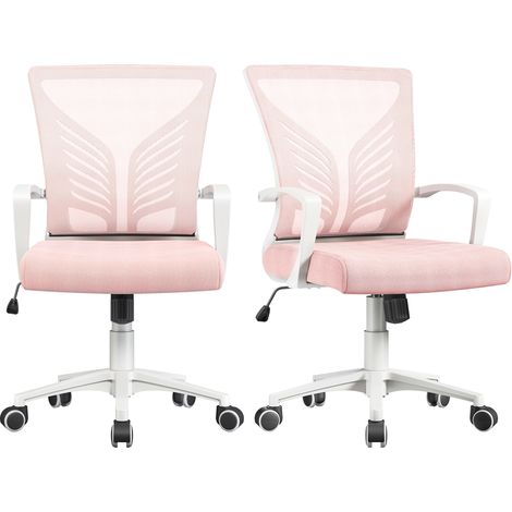 Yaheetech Lot de 2 Chaises de Bureau en Maille Mesh Fauteuils de Bureau Ergonomiques avec Support Lombaire Papillon Sièges Inclinables Réglables en Hauteur Rose (1/5)