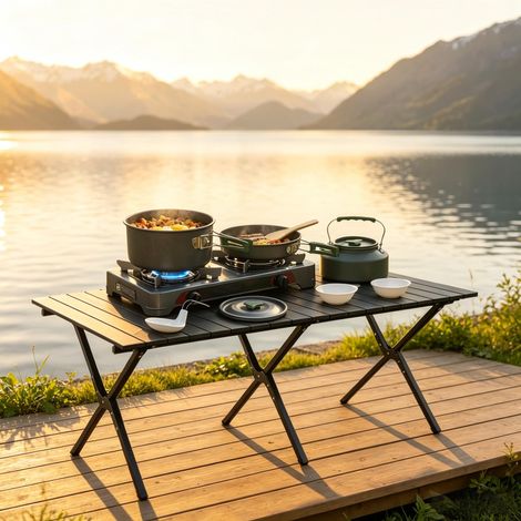 Camping-Kochset 11-teilig Aluminium, 2-3 Personen, Kessel, Pfanne, Topf, Antihaftbeschichtung, Tasche (1/5)