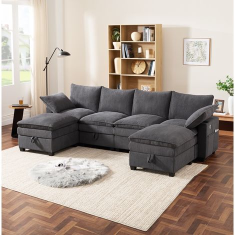 Sofá modular 280x151x82 cm gris en pana con almacenaje, USB, portavasos y 2 pufs (1/5)