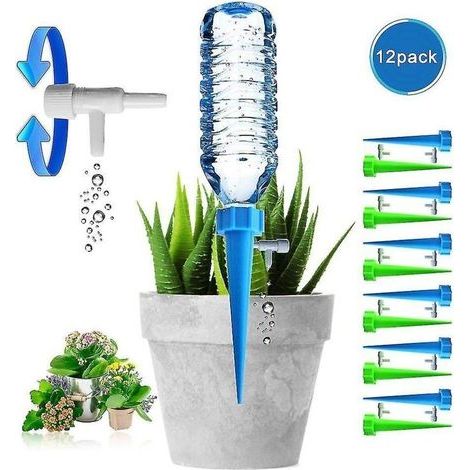 Bottiglia per irrigazione a goccia, irrigatore automatico per piante, irrigazione a goccia con valvola di controllo per giardino, casa, uso interno ed esterno (12 pezzi) (1/4)