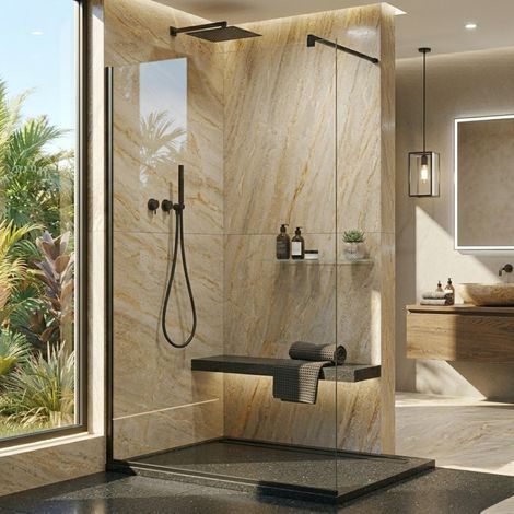 Parete doccia walk-in 120 cm vetro a specchio da 8mm reversibile con profili finitura nero opaco