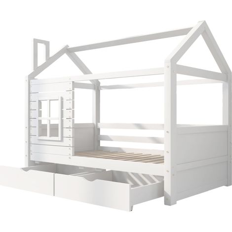 Kinderhausbett 90 x 200 cm mit Rausfallschutz, 2 Schubladen, Kiefer, Weiß (1/5)