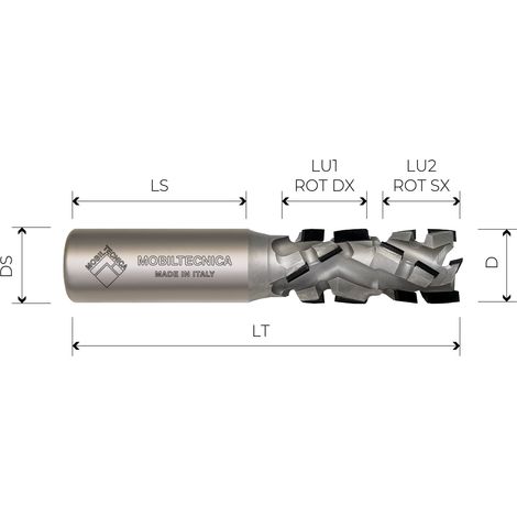 FRESA ELICOIDALE DOPPIA ROTAZIONE IN DIAMANTE Z2+2 - MOBILTECNICA  .7D25  LU 57+57  DS25  LT184  Z(2+2)(40+1DIA)  AX30°  H4,5