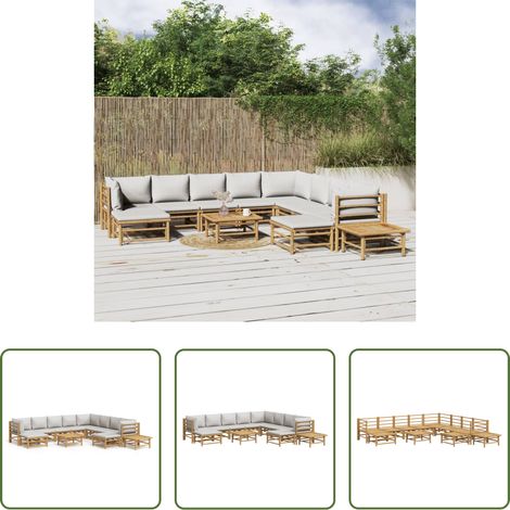 Bambusmöbel - 12-tlg. Garten-Lounge-Set mit Hellgrauen Kissen Bambus (1/5)