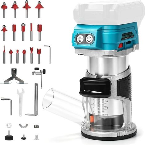 Défonceuse sans fil compatible avec batterie 18 V (sans batterie), tondeuse à bois électrique sans balais de 900 W avec 6 vitesses, guide droit, roue de guidage, 15 embouts de fraisage (1/5)