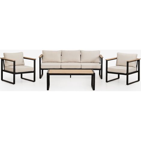 SKLUM Gartenset mit einem 3-Sitzer-Sofa, 2 Sesseln und einem Couchtisch aus Aluminium und Lipov-Akazienholz. Schwarz                                  