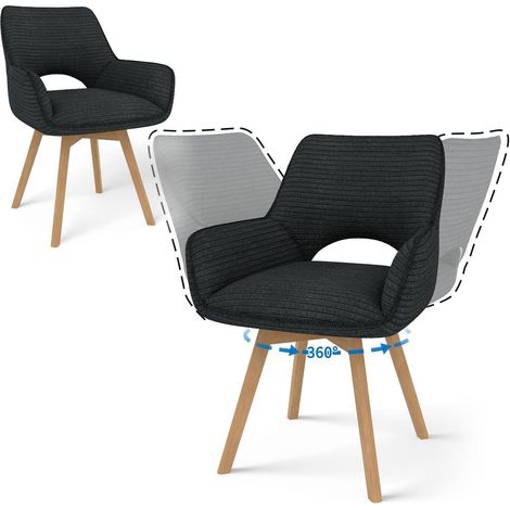 2er Set Esszimmerstühle drehbar 360° mit Armlehnen, Cord Schwarz, Holzbeine (1/5)