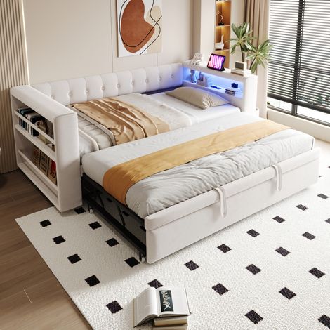 Lit rembourré 90/180x190 avec LED, prises USB, grand rangement, canapé-lit multifonction beige