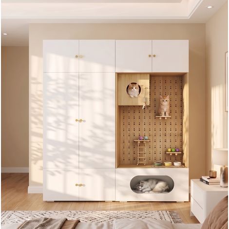 MODFU – Armario ropero 180x50x200 cm con espacio para gato, muro de escalada, nicho y 6 compartimentos – Blanco/madera (1/5)
