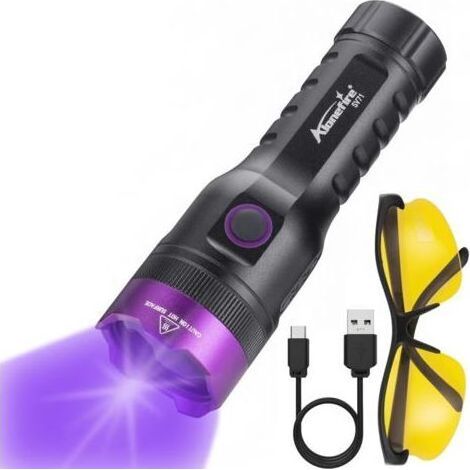 SV71 15W Lampe Torche UV LED 365nm Rechargeable par USB Chargement Inversé Ultraviolet Lumiere Noire Détecteur D'urine pour Resine, Minéraux, Ambre avec Lunettes de Protection UV, Batterie (1/5)