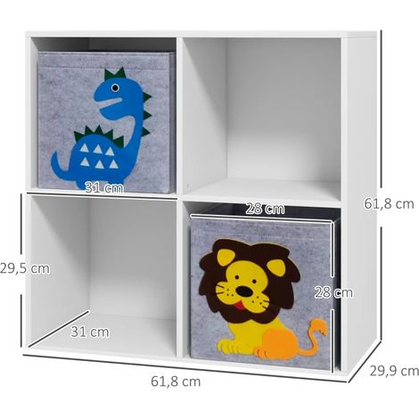 Bibliothèque enfant 2 bacs, meuble de rangement jouets blanc et gris, 61,8 x 29,9 x 61,8 cm, étagère pour chambre d'enfant