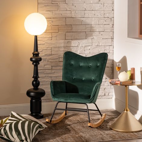 URBAN MEUBLE Fauteuil à bascule Scandinave velours vert pieds en bois foncé (1/5)