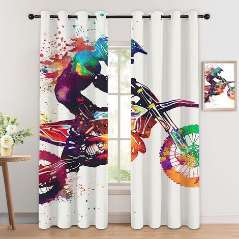 Rideau Occultant Moto Cross - Décoration Moto Cross, Rideau Thermique Motif Sport Extrême Dirt Bike, Lot de 2 Rideaux Opaque à Oeillets pour Fenetre Chambre Salon, 140x160 cm (LxH) - 2x L 140 X H 160 (1/5)