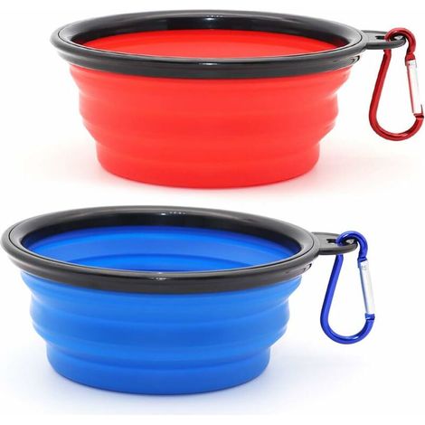 Gamelles de voyage Bol pour chien pliable, lot de 2 bols d'eau pour chien pliable pour chats chiens, bol d'abreuvement portable pour animaux de compagnie pour stationnement de marche 350ML (bleu + ro (1/5)