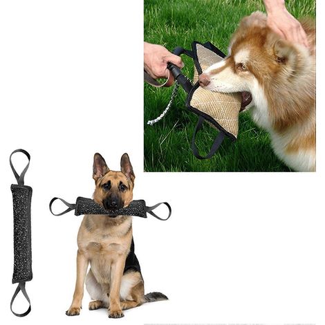 Jouet d'entraînement à la morsure et au tir à la corde, coussin à mâcher en lin et jute avec 3 poignées, livré avec des manchons à mâcher pour les bras des chiots avec 2 poignées. (1/5)