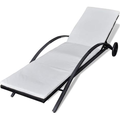Lettino Prendisole Sdraio con Cuscino e Ruote in Polyrattan Nero (1/5)