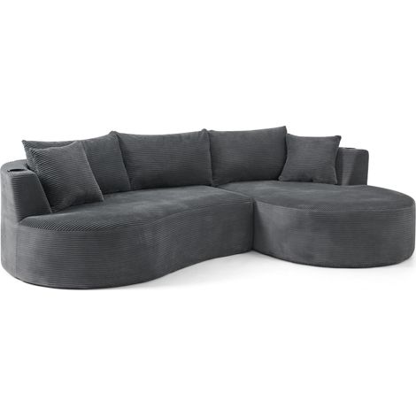 Sofá de 3 plazas con chaise longue derecha, tejido de pana gris, con portavasos y cojines (1/5)