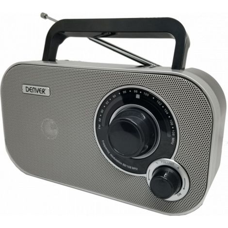 Radio Denver TR-51GREY con sintonización analógica FM. Se puede utilizar con corriente o pilas. (1/2)