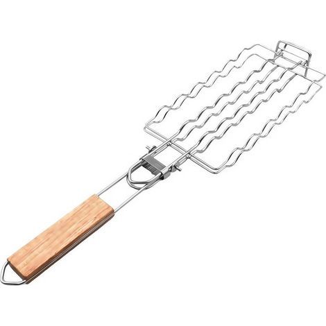 Panier Hot Dog en maille métallique avec fonction de verrouillage sécurisé et poignée en bois orientée confort pour barbecue (1/5)