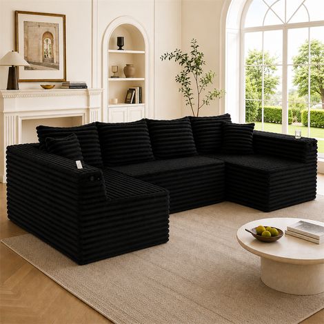Canapé d'angle en U velours côtelé 6 places 320x155x88 cm - Canapé convertible avec porte-gobelets et poches de rangement - Noir (1/5)