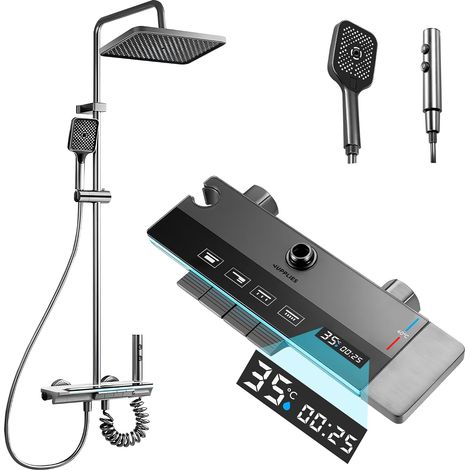 Colonne de Douche Thermostatique Noir Titanium 4 en 1 – Effet Pluie 25cm Écran LED Mitigeur Céramique Douchette + Cascade Baignoire Kit Douche Complète Noir Mat (1/5)