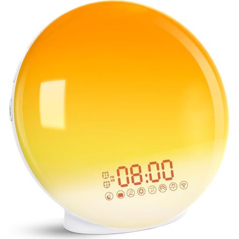 Reloj despertador luminoso con simulación de amanecer y atardecer, dos alarmas, 7 sonidos de la naturaleza, radio FM y función de repetición, para adultos y niños. (1/4)