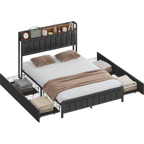 Struttura letto 140 x 190 cm con rete a doghe in metallo, letto matrimoniale imbottito con 4 cassetti e ripiano, nero