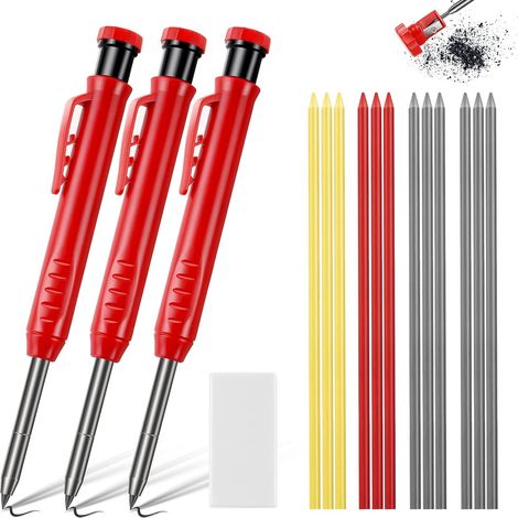 Stück solider Baubleistift, Zimmermannsbleistift mit 12 Ersatzminen und Radiergummi, integriertem Langnasen-Tieflochmarker, Anspitzer, Markierungswerkzeug für Tischlerarchitekten
