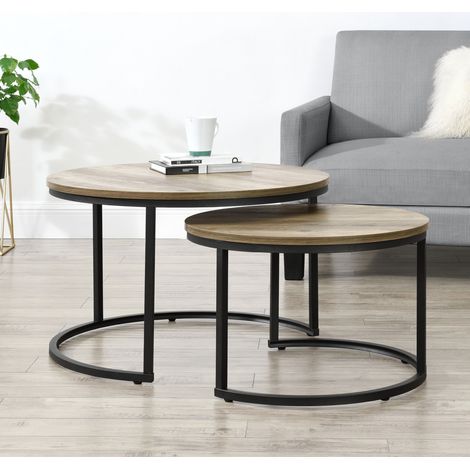 Set Christchurch 2 Tavolini Sovrapponbili con Piani Rotondi - Effetto Legno [en.casa]