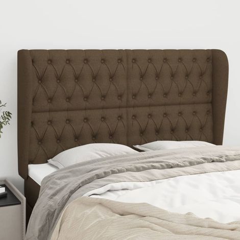 Tête lit de avec oreilles pour lit double, Cadre de lit, Tableau décoratif de chevet Marron foncé 147x23x118/128 cm Tissu CDE10197 (1/5)