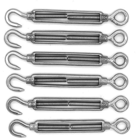 Set di 6 ganci e occhielli M8, tenditore, acciaio inox 304, kit di ferramenta per tensionamento di funi metalliche resistenti, per installazione di tende parasole e tendalini.