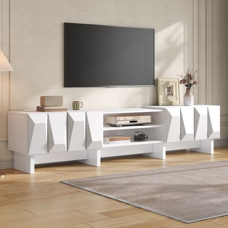 Modernluxe - Meuble TV moderne 180 x 34 x 44,5 cm - 4 portes et étagères ouvertes - Design en relief - Panneaux de particules - Blanc (1/5)
