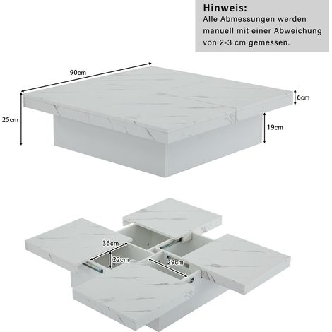 Quadratischer Couchtisch 90x90x25 cm Weiß, 4 Schubladen, Marmoroptik, Spanplatte MEUBLIV (1/5)