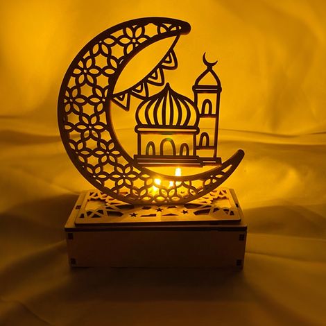 Veilleuse en bois en forme de croissant de lune pour Ramadan, LED, (bois naturel) (1/5)