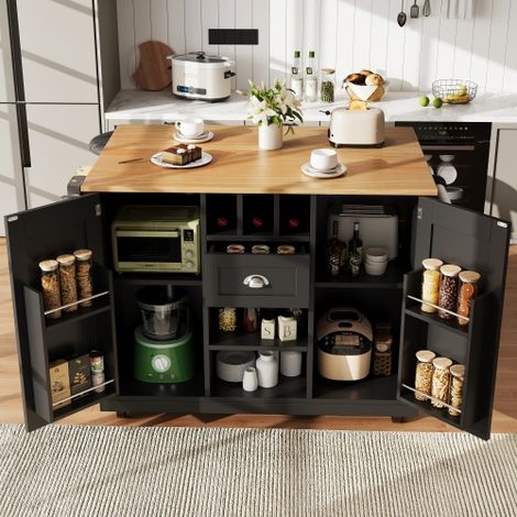 Îlot de cuisine, desserte avec plan de travail, buffet, desserte finition bois, porte-serviettes latéral, avec casier à vin, sur roulettes, noir (1/5)