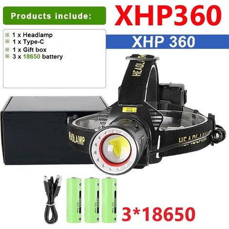 (XHP360 - A) Nouvelle lampe frontale 12 000 000 lumens avec capteur XHP360, lampe torche de pêche rechargeable par USB avec batterie 18650. (1/5)