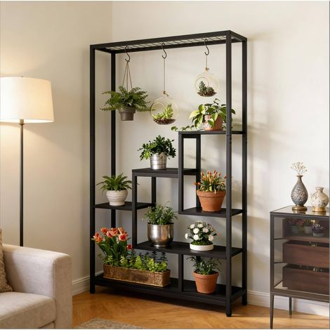 Support pour plantes noir en métal et bois à 5 niveaux avec 7 étagères, crochets de suspension et gain de place (1/5)