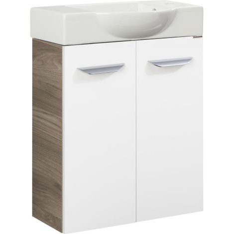 Fackelmann LUXOR SBC Gäste-WC Set 2 Teile – Waschtischunterschrank in Weiß mit Holz Braun mit Waschbecken aus Keramik – Waschbeckenunterschrank schmal – 2 Türen – Hahnloch rechts – 55 cm breit"-"90069 (1/5)